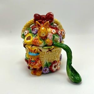 Easter Cottage Bunny Ceramic Sugar Bowl w/ Spoon Easter Floral 1999 Vintage